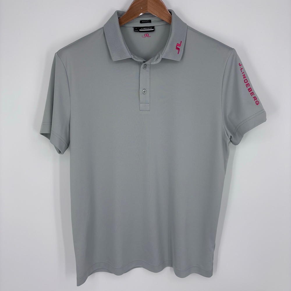 J.Lindeberg Golf Polo Shirt Mens XXL Grey Pink Embroidered Logo Spellout